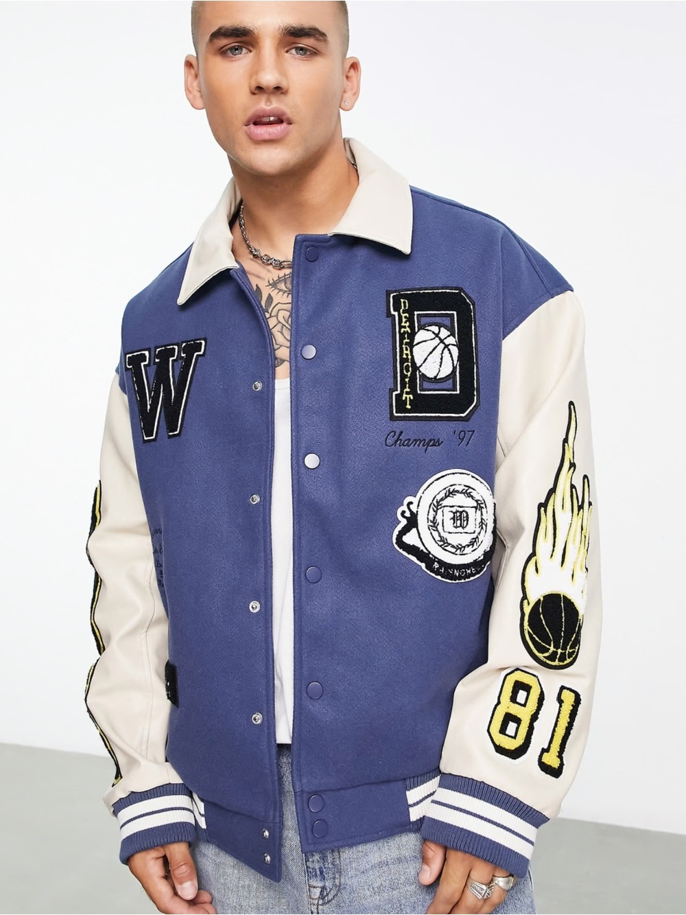 Topman Blue and Cream Letterman Bomber Jacket with Patches